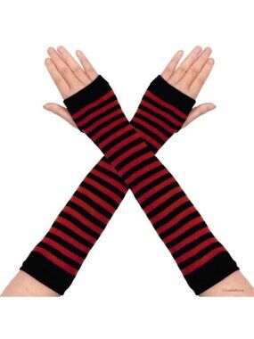 Punk Gothic Striped Knitted Arm Warmers Fingerless Gloves